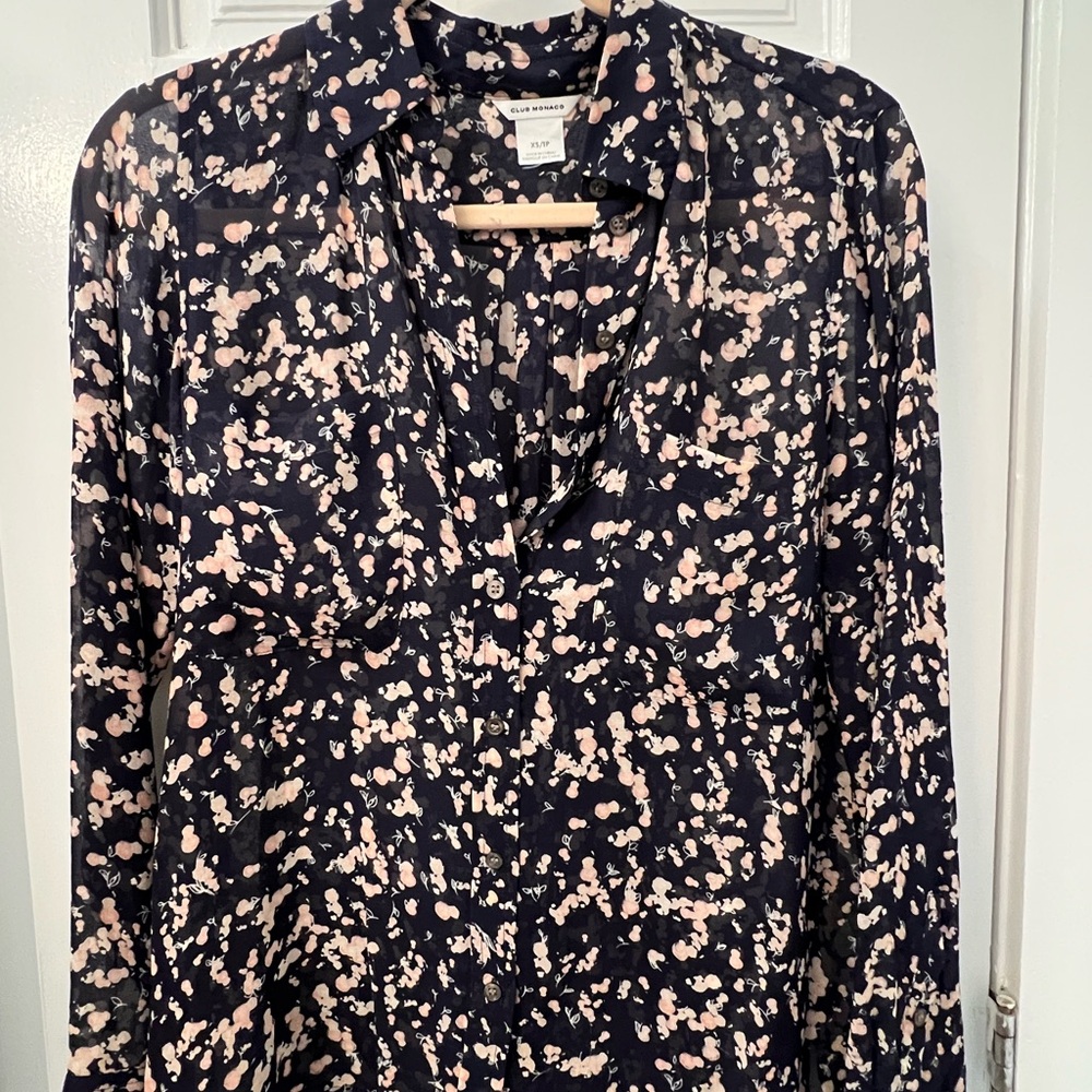 Club Monaco Navy Button-Down Blouse with Blush Pink Print